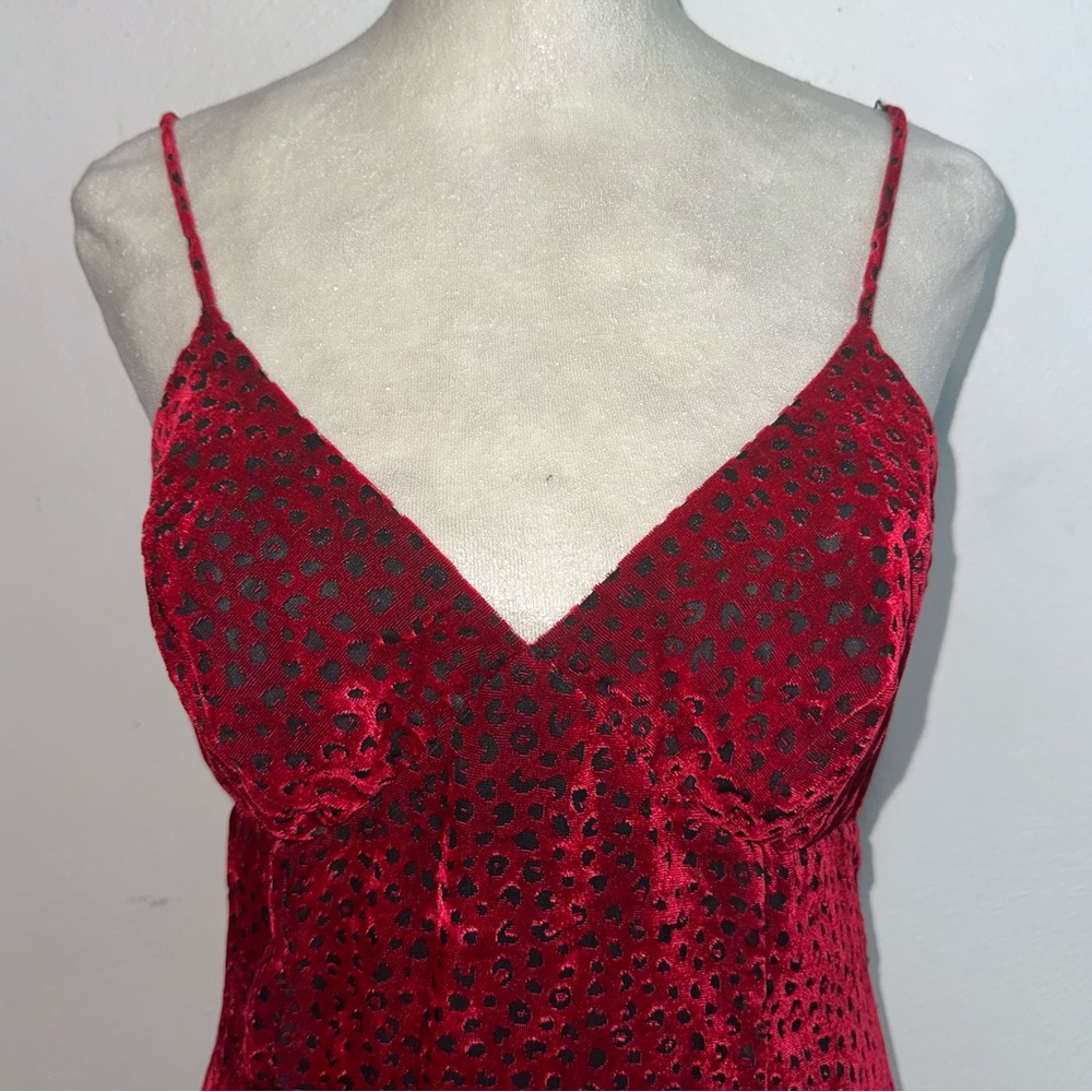 Vintage 90s Nicole Miller Red Burnout Velvet Dress w/ Fur Trim - Picture 2 of 15